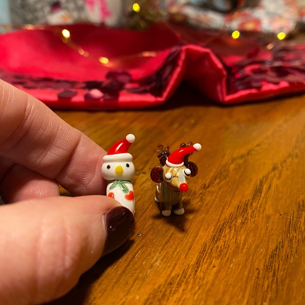 Set of 2 Murano Glass Christmas Charms - Reindeer and Snowman